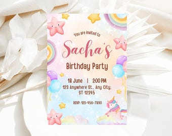 Unicorn Birthday Invitation Template, Rainbow Unicorn Invitation, Pastel Rainbow Unicorn Girls Invite, Magical Birthday Day Invitation