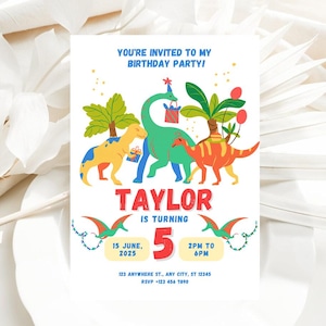 Dinosaur with Party Hat Invitation, Custom Face Photo Invite Dinosaur Birthday, Three Rex Bday Dino Party Invite Printable Digital Download