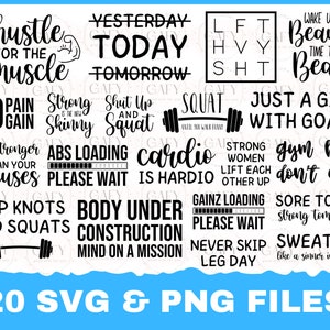 Może przedstawiać: Zestaw 20 czarno-białych plików SVG i PNG z motywacyjnymi cytatami o fitness. Cytaty obejmują "Hustle for the Muscle", "No Pain No Gain", "Strong is the New Skinny", "Be Stronger Than Your Excuses", "Abs Loading Please Wait", "Cardio is Hardio", "Top Knots and Squats", "Body Under Construction", "Gainz Loading Please Wait", "Never Skip Leg Day", "Yesterday Today Tomorrow", "Lift Heavy Shit", "Wake Up Beauty Time to Beast", "Just a Girl With Goals", "Strong Women Lift Each Other Up", "Gym Hair Don't Care", "Sore Today Strong Tomorrow", "Sweating Like a Sinner in Church", oraz "Shut Up and Squat".