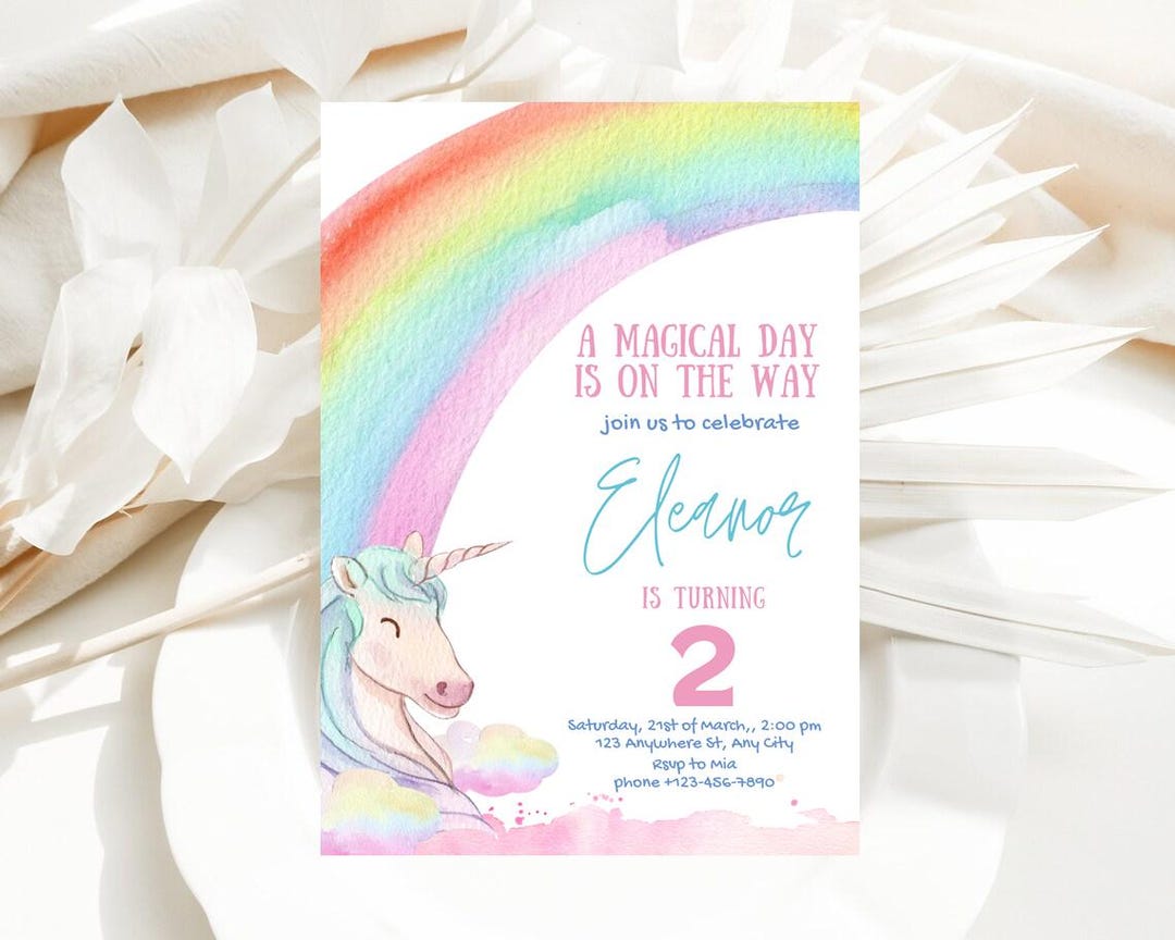 Unicorn Rainbow Girl’s Birthday Party Digital Invitation Template ...