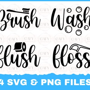 Może przedstawiać: Czarno-biały projekt graficzny z napisami "Brush, Wash, Flush, Floss" w ozdobnym kroju pisma. Grafika zawiera również szczoteczkę do zębów, bańki mydlane, rolkę papieru toaletowego i wykałaczkę do nici dentystycznej.
