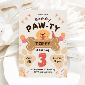 Modelo de convite de aniversário de cachorrinho, convite de cachorro, convite de cachorrinho para impressão, convites de animais de estimação, festa temática de cachorro, editável, download instantâneo