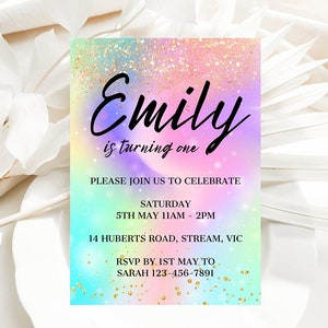 Rainbow Birthday Invitation Colorful Watercolor Gold Glitter Sprinkles Ombre Pastel Invitation 1st 2nd 3rd Printable Editable Invite