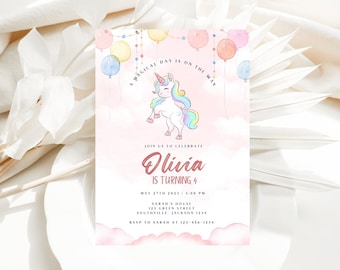 Bewerkbare Unicorn verjaardagsuitnodiging, Unicorn verjaardag uitnodigen, Unicorn uitnodiging voor feest, bewerkbare uitnodiging, meisje verjaardagsuitnodiging