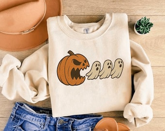 ハロウィンコスチュームPNG、不気味なPNG、トレンディなハロウィンカボチャが幽霊を追いかけるPNG、秋の面白いブーゴーストシャツ、デジタルダウンロード