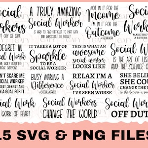 Pode incluir: Um conjunto de 15 arquivos SVG e PNG em preto e branco com citações inspiradoras para trabalhadores sociais. As citações incluem "Os trabalhadores sociais não choram, nós bebemos vinho", "Um trabalhador social realmente incrível", "Não pelo rendimento, mas pelo resultado", "Os trabalhadores sociais tornam o mundo um lugar melhor", "Meu diploma em trabalho social me torna altamente qualificado para julgar todos", "É preciso muito brilho para ser um trabalhador social", "É assim que um trabalhador social incrível se parece", "O trabalho social é a arte de ouvir e a ciência da esperança", "Você não pode me assustar, eu sou um trabalhador social, ouvi isso, vi isso e escrevi um objetivo para isso", "Ocupado fazendo a diferença #TrabalhadorSocial", "Relaxe, eu sou um trabalhador social, já vi coisas piores", "Ela acreditava que podia mudar o mundo, então ela se tornou uma trabalhadora social", "O trabalho social é um trabalho de coração", "Os trabalhadores sociais mudam o mundo", "Trabalhador social fora de serviço".