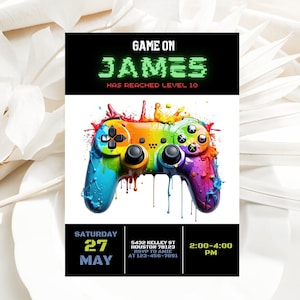 Video Game Birthday Invitation Template, Video Game Invitation, Neon Glow, Green Blue Glow, Kid Invite, Boys Game Party, Editable