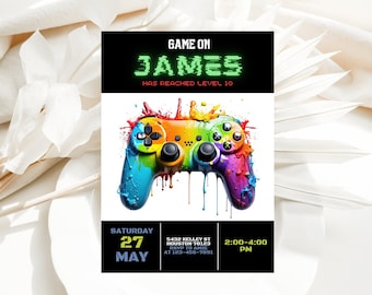 Video Game Birthday Invitation Template, Video Game Invitation, Neon Glow, Green Blue Glow, Kid Invite, Boys Game Party, Editable