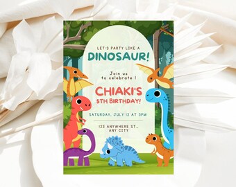 May include: A colorful dinosaur-themed birthday party invitation. The invitation features various cartoon dinosaurs in shades of orange, red, blue, and purple. Text includes "LET'S PARTY LIKE A DINOSAUR!" and "CHIAKI'S 5TH BIRTHDAY!" with date, time, and address.