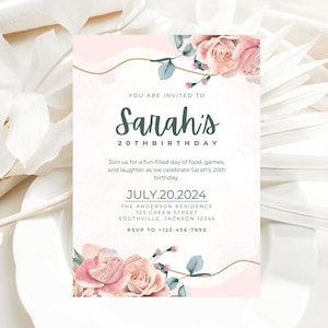 Plantilla editable de invitación de cumpleaños / Invitación de cumpleaños imprimible / Invitación personalizada con flores de peonía / Invitación electrónica digital para niñas, adolescentes y mujeres