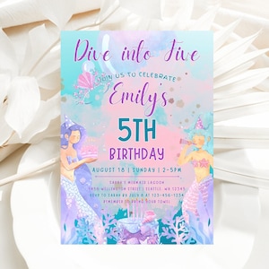 Editable Dive into Five Mermaid Purple Teal 5th Mermaid Birthday Little Mermaid Invite Printable Template Instant Download
