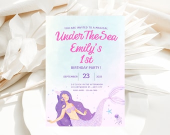 Editable Mermaid Birthday Invitation Template Little Mermaid Under the Sea Magical Pink Purple Girl Invite Instant Download Printable