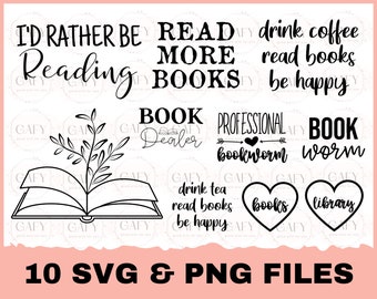 以下が含まれることがあります： 本をテーマにしたデザインが施された、白黒のSVGとPNGファイル10個のセット。デザインには、「読書が好き」「もっと本を読もう」「書店」「プロの読書家」「読書好き」などのフレーズが含まれています。