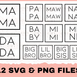 Matching family names in square frame SVG PNG Files for cutting machines, digital clipart, modern, mama, dada, lil sis, big bro, mini, baby