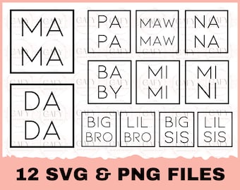 Op de afbeelding: Twaalf zwart-witte SVG- en PNG-bestanden met verschillende familieledentitels, waaronder "MA", "DA", "PA", "BA BY", "MI", "NI", "MAW", "NA", "BIG BRO", "LIL BRO", "BIG SIS" en "LIL SIS".