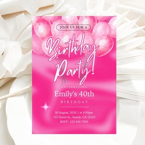 Invitation d'anniversaire modifiable dans les tons de rose, invitation rose, ballons roses, modèle d'invitation d'anniversaire modifiable fille imprimable ou texte