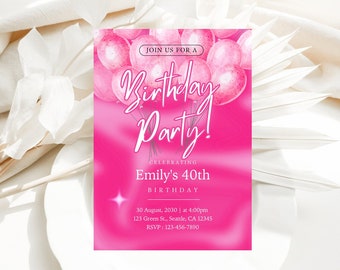 Editable Shades of Pink Birthday Invitation, Pink Invite, Pink Balloons, Printable or Text Girl Editable Birthday Invitation Template