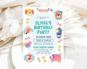Modello di invito per compleanno di cuccioli, invito per cani, invito stampabile per cuccioli, inviti per animali domestici, festa a tema cani, modificabile, download immediato