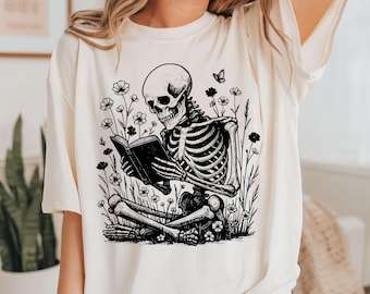 Esqueleto de lectura de libros SVG PNG Arte de esqueleto Diseño de camiseta gótica Amante de los libros Svg Arte de libros Sublimación Arte de flores silvestres
