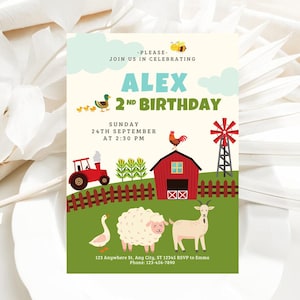 Farm Birthday Invitation Editable Template - Barn Farm Animals Digital Invitation Template - Modern Farm Birthday Party cards
