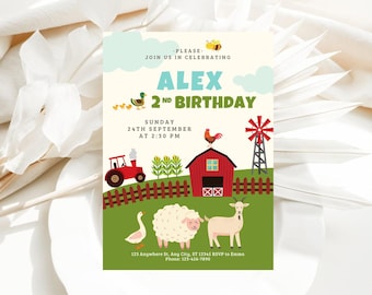 Farm Birthday Invitation Editable Template - Barn Farm Animals Digital Invitation Template - Modern Farm Birthday Party cards