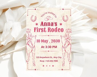 Plantilla de invitación para fiesta de cumpleaños de vaquera rosa, fiesta de vaquera con estilo disco rosa, cumpleaños de rodeo, fiesta de cumpleaños de niña