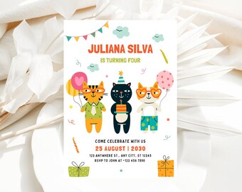 Cat Themed Birthday Invitation, Cat Birthday Invite, Cat Birthday Invitation, Cat Invitation, kitten Invitation, Editable