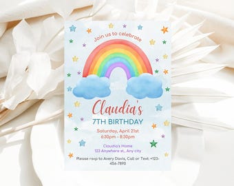 Rainbow Birthday Invitation, Pastel Rainbow Invitation, Editable Kids Birthday Invites, 5x7