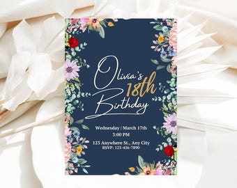 Flower Birthday Invitation Wildflower Birthday invite Floral Woman's Birthday Mother's day Invite EDITABLE Instant download