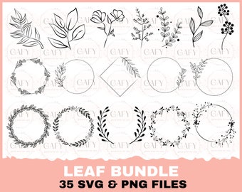 35 folhas SVG folhas desenhadas à mão SVG arquivos de corte arquivos de casamento para cricut silhueta clipart vetor folha de casamento svg
