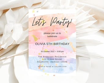 Pode incluir: Um convite em estilo aquarela com fundo rosa, azul e amarelo. O texto diz "Let's Party!" e "Olivia 5th Birthday". O convite inclui a data, a hora, o local e as informações de RSVP.