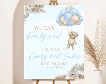 Editable Blue Hot Air Balloon Boho Blue Bear Editable Baby Shower Welcome Sign Decor Decors Template Instant Download