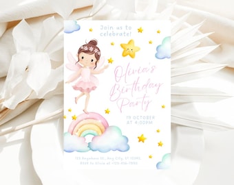 Fairy First Birthday Invitation, Fairy 1st Birthday Invite, Birthday Invitation for Little Girl, Whimsical 1st Birthday Template Girl