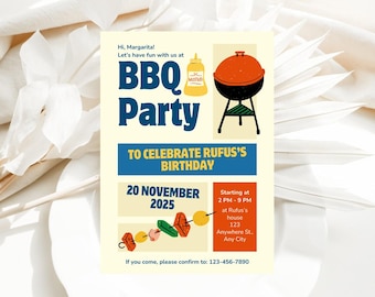 Editable BBQ Birthday Invitation Template, Barbeque Birthday Invitation, BBQ Invitation, BBQ