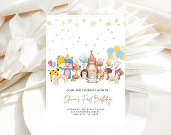 Woodland 1st Birthday Invitation, Wild One Invitation, Fox Deer Bear Forest Animals Birthday Invite Template, Bear 1st Birthday Invite Boy