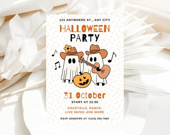 Country-Halloween-Geburtstags-Einladung, Cowgirl-Einladung, Western-Halloween-Einladung, Cowboy-Stiefel einladen, Cowgirl-Halloween-Party einladen