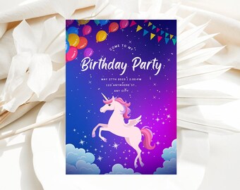 Editable Unicorn Birthday Invitation, Floral Pink Unicorn Birthday Invite, Purple Pink Gold Sparkle Unicorn Birthday Invitation