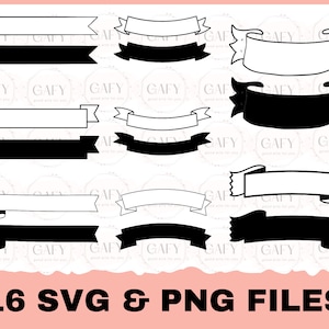 Könnte beinhalten: Satz mit 16 schwarzen und weißen Banner-SVG- und PNG-Dateien. Die Banner sind in verschiedenen Formen und Größen, darunter gebogen, gerade und abgewinkelt. Die Banner sind perfekt, um Ihren Designs eine dekorative Note zu verleihen.
