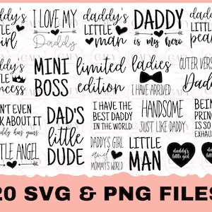 Puede incluir: Un conjunto de 20 archivos SVG y PNG en blanco y negro con varias frases relacionadas con la paternidad y la familia. Las frases incluyen "La pequeña de papá", "El pequeño de papá", "Amo a mi papá", "Papá es mi héroe", "Mini jefe", "Edición limitada", "El pequeño cacahuete de papá", "Versión más linda de papá", "Ni siquiera pienses en eso, mi papá tiene armas", "El pequeño de papá", "Tengo el mejor papá del mundo", "Guapo como papá", "Ser una princesa es tan agotador", "La niña de papá y el mundo de mamá", "Ángel pequeño", "Hombre pequeño", "Señoras, he llegado".