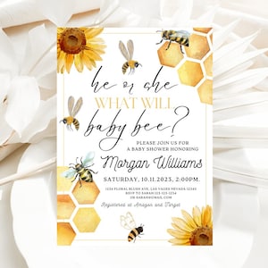 Editable Bee Gender Reveal Invitation Sunflower Invitations Bumble Bee Gender Neutral Invite Printable Template Instant Download