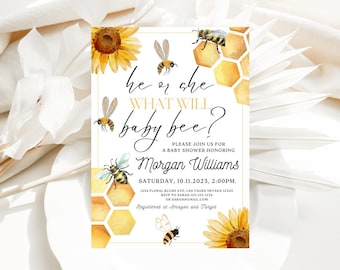 Editable Bee Gender Reveal Invitation Sunflower Invitations Bumble Bee Gender Neutral Invite Printable Template Instant Download