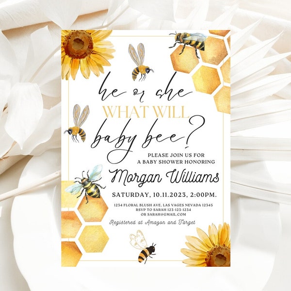 Editable Bee Gender Reveal Invitation Sunflower Invitations Bumble Bee Gender Neutral Invite Printable Template Instant Download