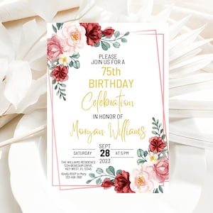Marsala & Blush Pink Floral 75th Birthday Invitation, Modello modificabile, Invito di compleanno stampabile floreale da donna, Invito di qualsiasi età