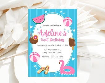 Peut inclure: Une invitation d'anniversaire bleue et rose pour une fille nommée Adeline pour son premier anniversaire. L'invitation a un thème de plage avec une pastèque, un ballon de plage, une noix de coco, une sucette glacée et un flamant rose. Le texte sur l'invitation indique "Join Us to Celebrate Adeline's First Birthday" et comprend la date, l'heure et le lieu de la fête. Les informations de RSVP sont également incluses.
