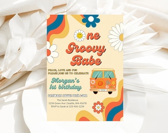 Editable Groovy Daisy Rainbow Groovy 1st Birthday Hippie Party Invitation Template Instant Download Editable Birthday Template