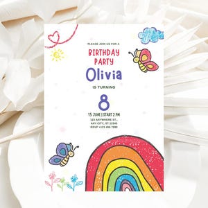 Invitación de cumpleaños editable del arco iris, invitaciones a la fiesta del arco iris de la niña, descarga instantánea digital del arco iris de la fiesta divertida