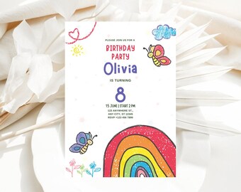 Editable Rainbow Birthday Invitation, Girl Rainbow Party Invites, Rainbow of fun party Digital instant download