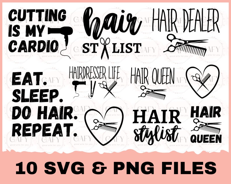 K&ouml;nnte beinhalten: Ein Satz von 10 Schwarzwei&szlig;-SVG- und PNG-Dateien mit Designs zum Thema Friseursalon. Die Designs beinhalten S&auml;tze wie "Cutting is my cardio", "Hair stylist", "Hair Queen" und "Hairdresser Life".