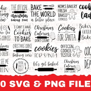 May include: A set of 20 black and white SVG and PNG files featuring Christmas cookie-themed designs. The designs include phrases like "Cookie Baking Crew", "Christmas Cookie Calories Don't Count", and "Cookies for Santa".
