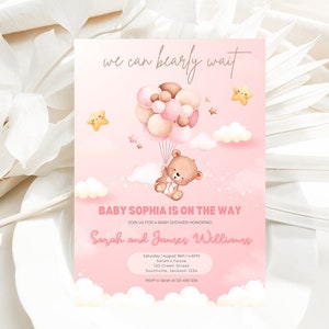Editable Girl Pink Bear Hot Air Balloon Baby Shower Set Invitations, Editable Baby Shower Invites Gold Girl Bear With Balloons
